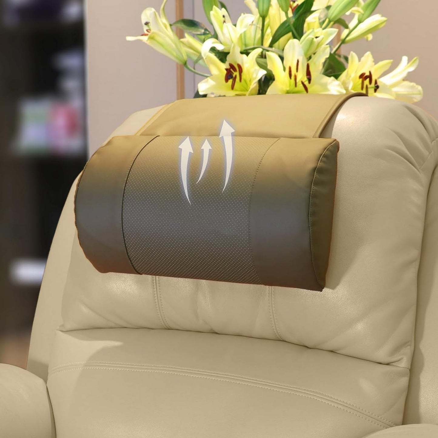 Breathable Perforated Leather Recliner Memory Foam Head Pillow - Non-Slip Base with Adjustable Neck Support in Chocolate, for Recliners, Sofas, and Loveseats, Ensuring Unmatched Relaxation