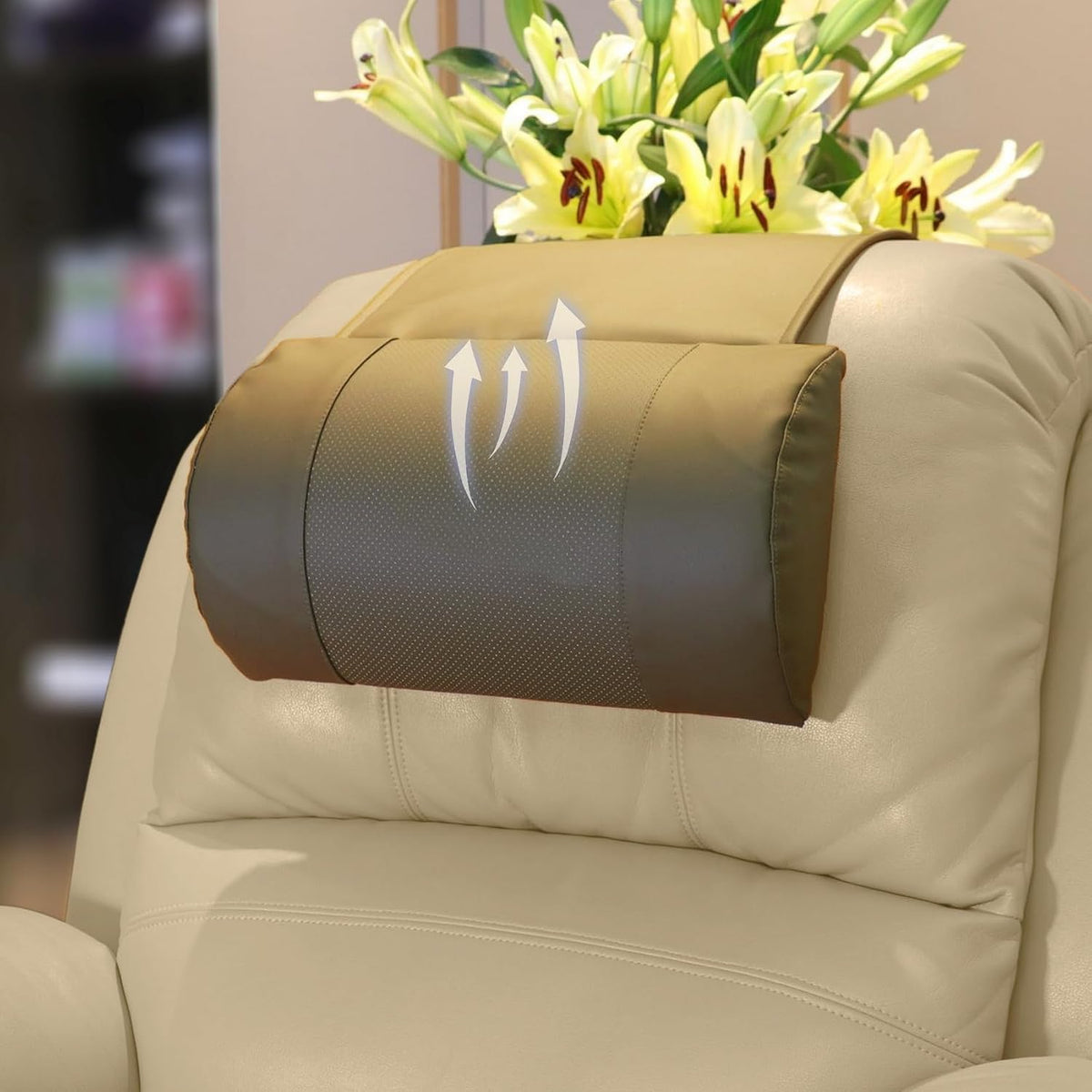 Breathable Perforated Leather Recliner Memory Foam Head Pillow - Non-Slip Base with Adjustable Neck Support in Chocolate, for Recliners, Sofas, and Loveseats, Ensuring Unmatched Relaxation