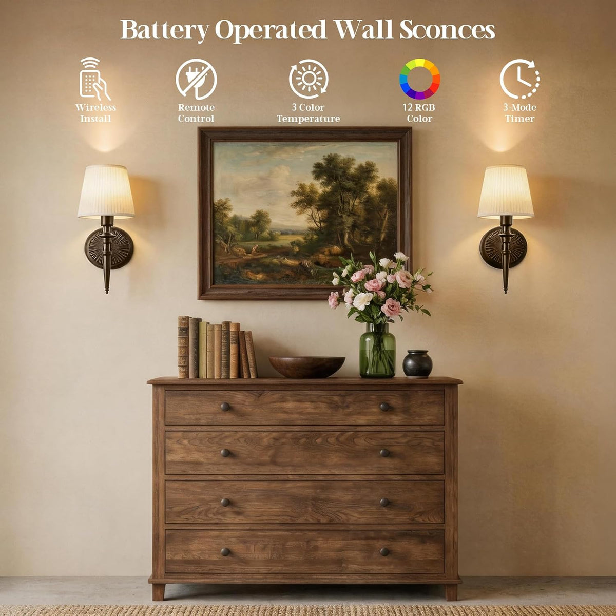Battery Operated Wall Sconces Set of 2, Wireless Rechargeable Wall Lights with 12 RGB Colors and 3CCT Dimmable, Small Fabric LED Wall Lamps for Bedroom, Living Room, Hallway, Gold