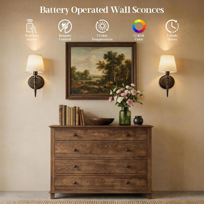 Battery Operated Wall Sconces Set of 2, Wireless Rechargeable Wall Lights with 12 RGB Colors and 3CCT Dimmable, Small Fabric LED Wall Lamps for Bedroom, Living Room, Hallway, Gold