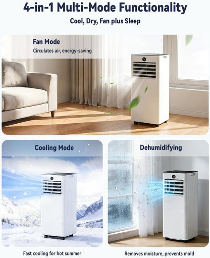 14000BTU Portable Air Conditioner, 4-in-1 700 Sq. Ft, Quiet for room | 14000BTU AC cools 700sq.ft, 4-in-1 cool/fan/dry/sleep, quiet, LED, remote, 24H timer, kit, for bed/office/dorm.