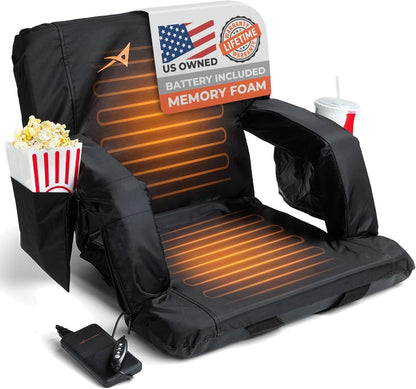 Heated Stadium Seats for Bleachers with Back Support – USB Battery Included - Upgraded 3 Levels of Heat - Foldable Chair - Cushioned, 4 Pockets for Snacks, Cup Holder - for Camping, Games & Sports