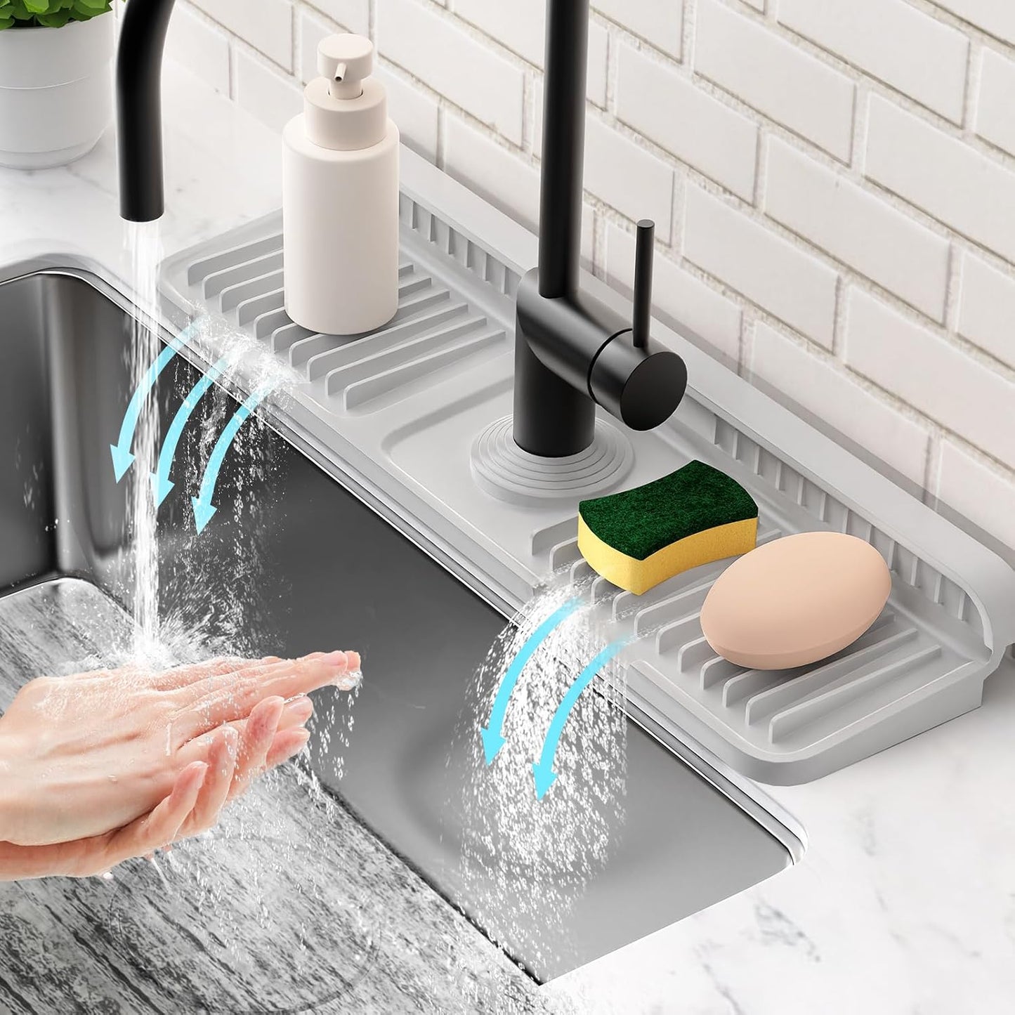 24'' Longer Faucet Mat for Kitchen Sink Splash Guard[7° Slope Fast Self-draining][Snap Lock Fit]Kitchen Sink Faucet Mat Splash Guard Kitchen Sink Area Water Splash Guard Behind Faucet Draining Mat