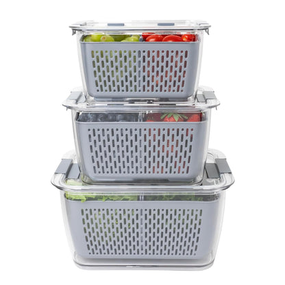 Kitchen Spaces Stackable Fridge Storage Colander Containers, Variety Pack | 3 Sizes to Store Fresh Produce, Organize Washed Fruits and Veggies, Snap and Seal Lids with Adjustable Vents, Hand Wash Only