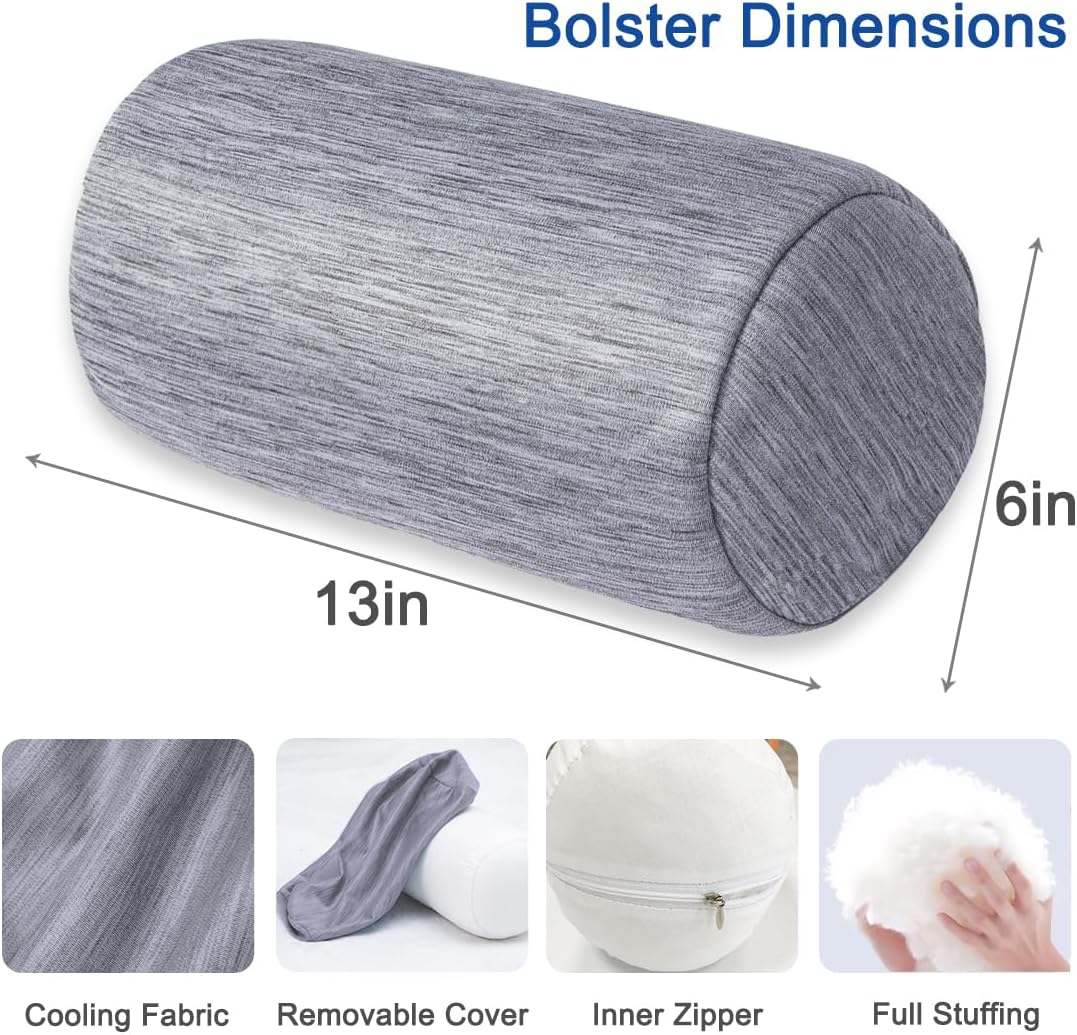 1 MIDDLE ONE Round Cylinder Bolster Pillow with Removable Cooling Cover, Tube Roll Cervical Pillow for Head, Neck, Back and Legs Support, 13"x 6", Grey