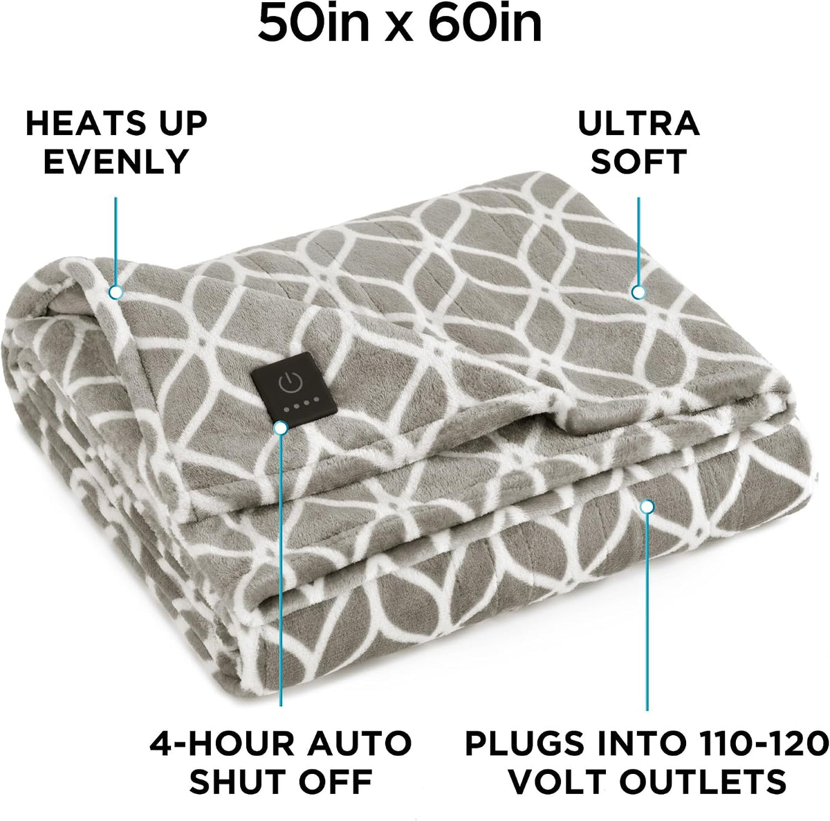 Brookstone Electric Heated Plush Throw Blanket, 50 x 60 in, Blue Trellis