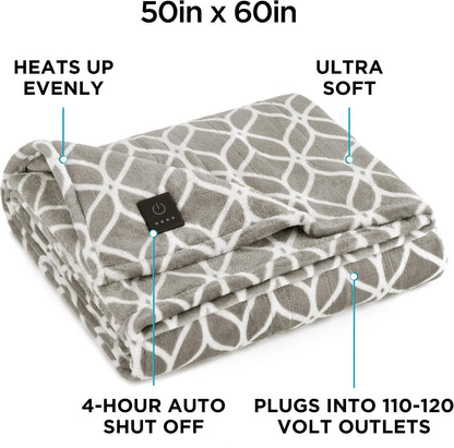 Brookstone Electric Heated Plush Throw Blanket, 50 x 60 in, Blue Trellis