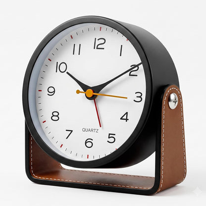 Analog Alarm Clock - 4.5" Silent Non Ticking Small Clock with Light, Rotatable Stand Metal Desk Clock Battery Operated, Simple Design for Living Room Decor/ Bedroom/Bedside/Shelf (Black & White)