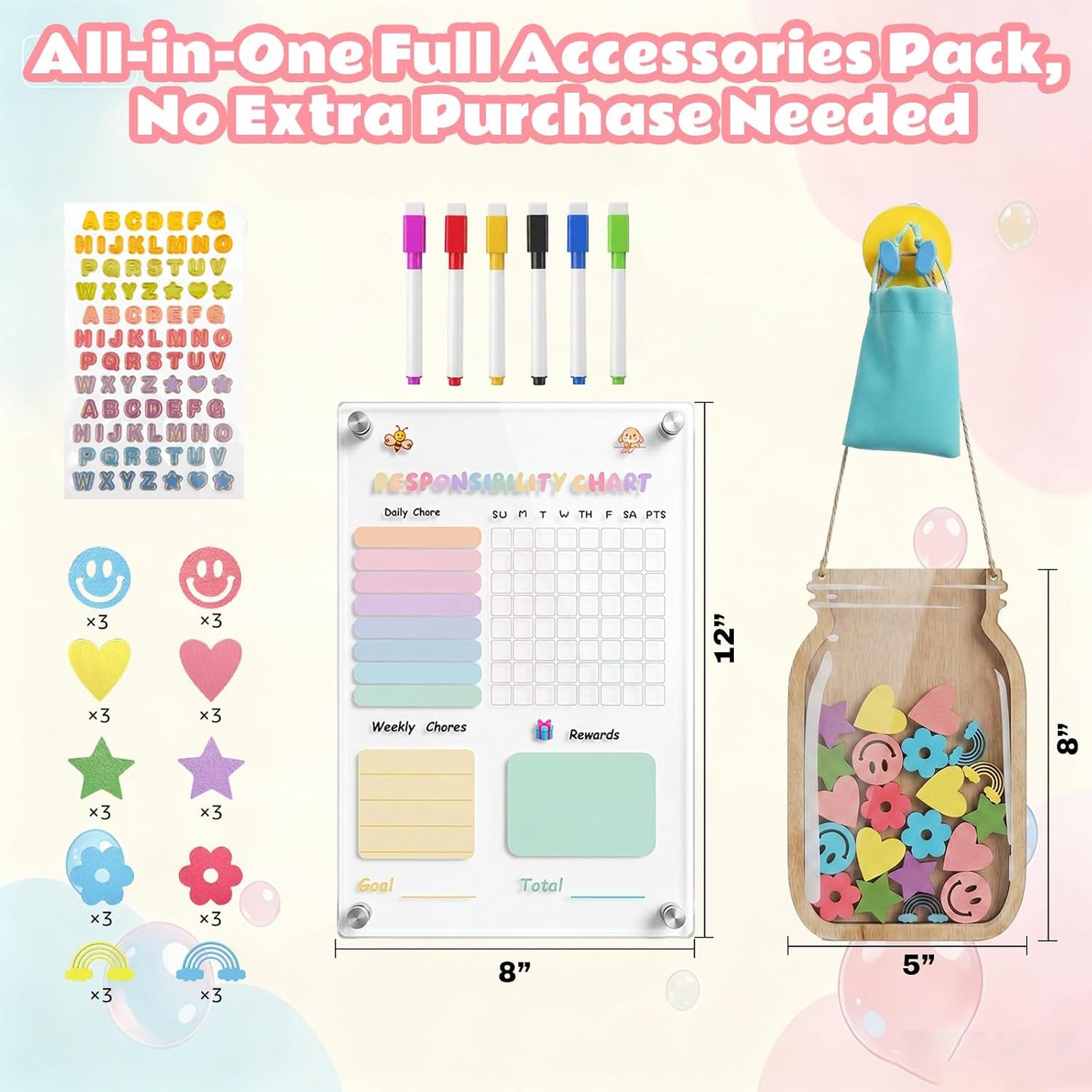 Acrylic Magnetic Chore Board for Kids | Dry Erase Fridge Calendar & Star Reward Jar, Visual Schedule, Potty Training Tracker with Wooden Stars, Markers & Stickers