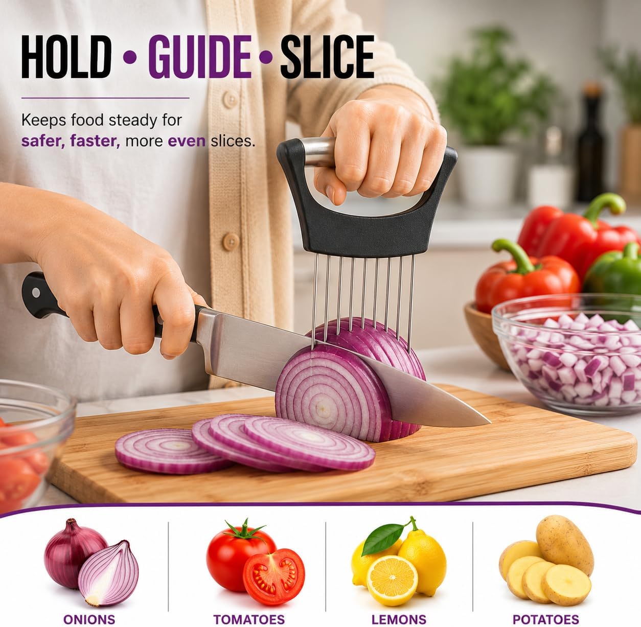 Onion Slicer Holder, 304 Stainless Steel Onion Cutter Tool with 10 Prongs, Vegetable Cutting Guide for Safe & Even Slicing, Food Prep Holder for Onion, Tomato & Potato