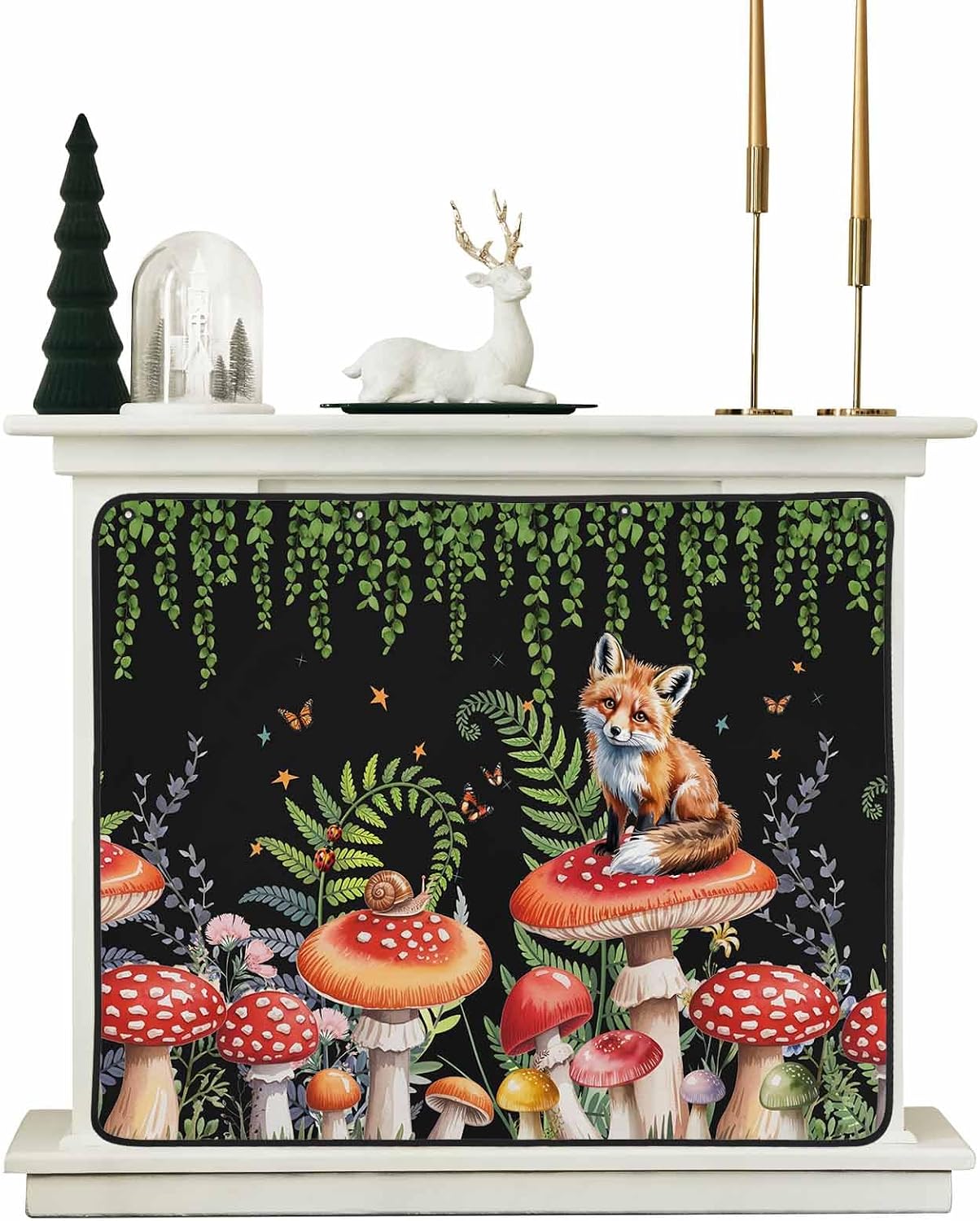 Magnetic Fireplace Cover Red Mushroom Fox Fireplace Screen Decorative Eucalyptus Leaves Butterfly Black Insulation Fireplaces Blocker Save Energy Fireplaces Draft Stopper Covers for Living Room 36x30
