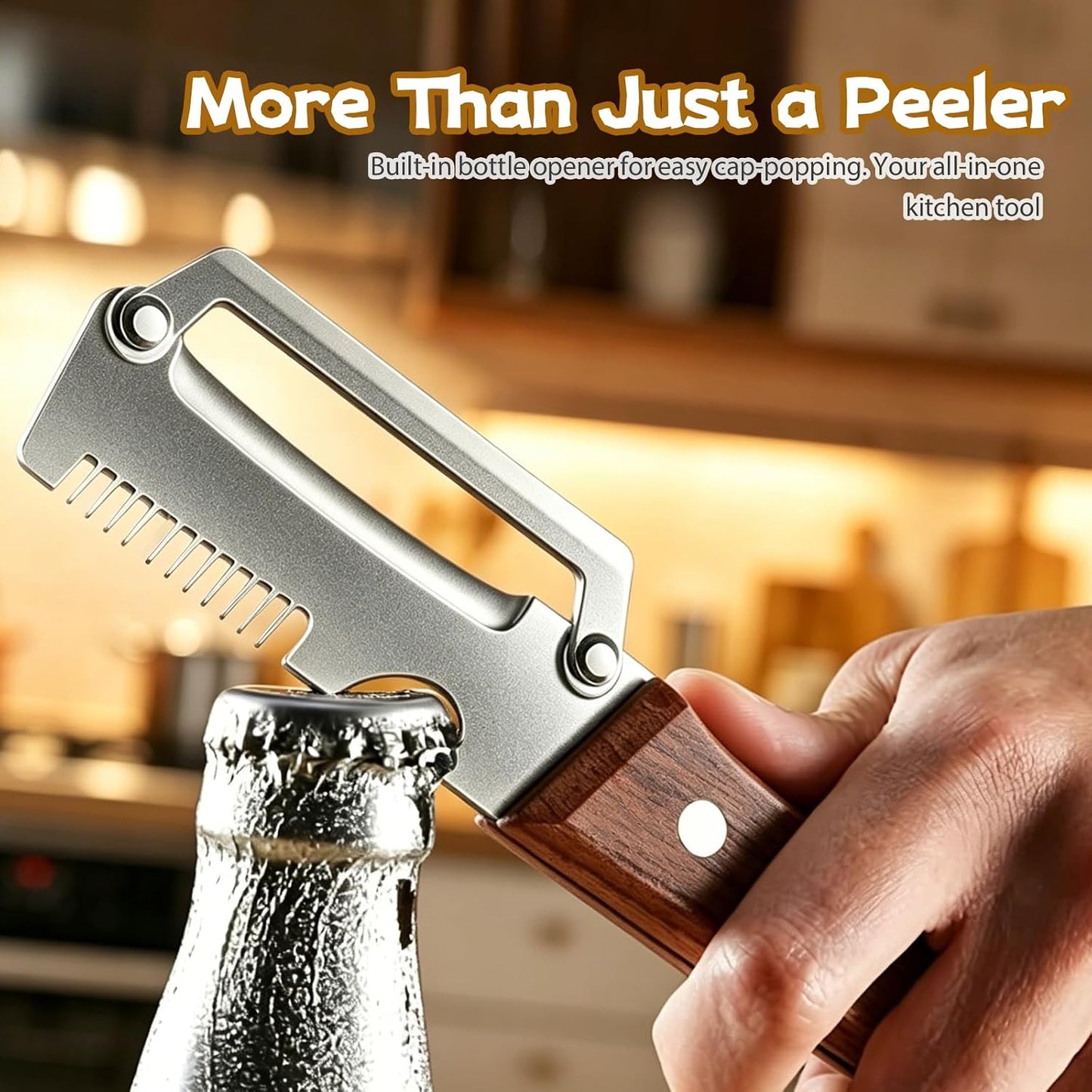 2 PCS Multifunctional Vegetable Peeler, 3 in 1 Elite Vegetable Peeler with Wooden Handle and Bottle Opener, Zero Snag Wooden Peeler for Fruits and Vegetables