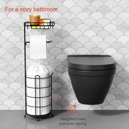 Goozii Gold Free Standing Toilet Paper Holder Stand with Phone Shelf, Floor Bathroom Tissue Holder for Large Mega Rolls, Metal Freestanding Toilet Paper Roll Holder with Wipes Storage Tray