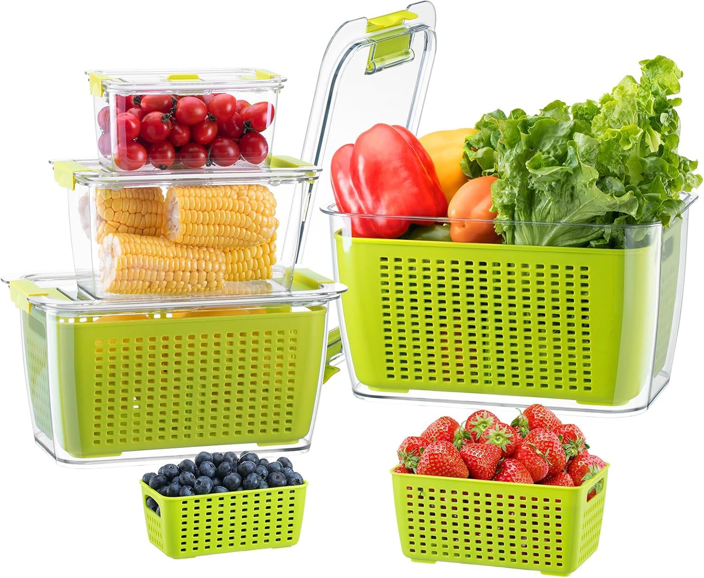 LUXEAR 4 Pack Fruit Vegetable Containers for Fridge, Produce Saver Container with Lids &Removable Colander BPA-free Refrigerator Storage Organizer for Fruit Vegetable, Berry, Meat keep Fresh Longer | BPA Free with Removable Colanders Leak-proof Fridge