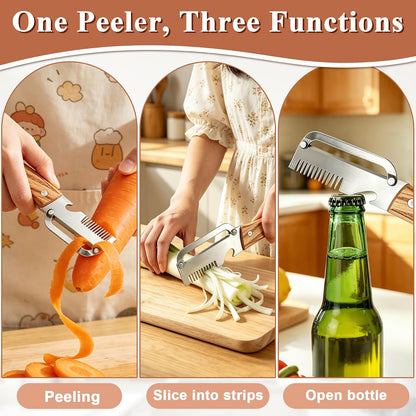 2 Pcs Multi-Functional Vegetable Peeler, Stainless Steel Blade with Wooden Handle, 3-in-1 Fruit Peeler with Bottle Opener and Grater, Kitchen Tool for Apple Potato Pumpkin Fruit Veggie
