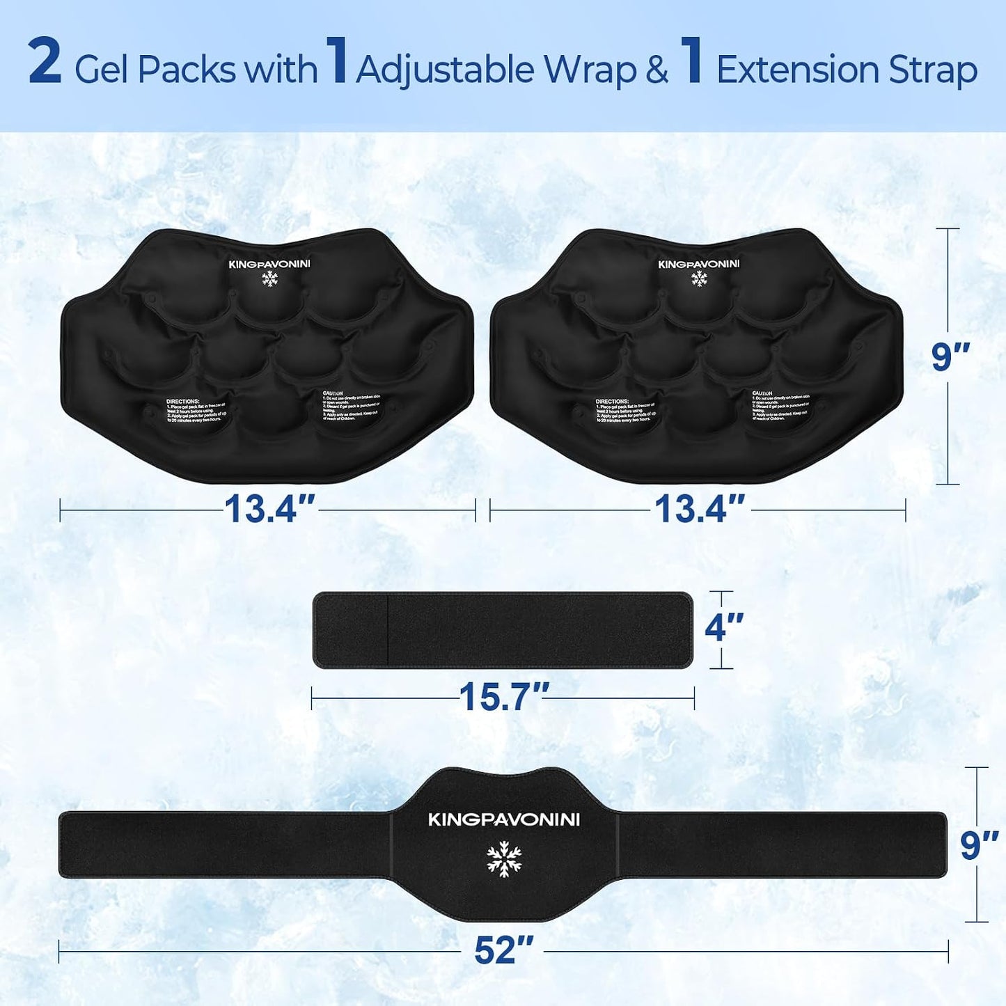 KingPavonini Extra Large Ice Pack for Back Pain Relief, 2 Gel Packs, Blue | 35-Min Long-Lasting & Instant Pain Relief, Leakproof Back Ice Pack, Extension Strap, Hot Cold Therapy, Skin-Safe Lycra Fabric