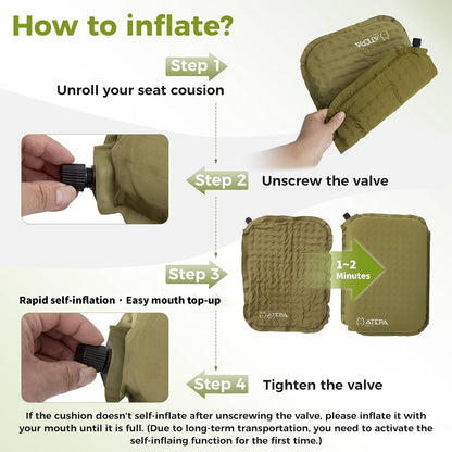 ATEPA Inflatable Seat Cushion | 2" & 2.5" foam core seat pad, Self inflating, Compact, Stadium, Airplane, Travel, Camping, Hiking, Sports events