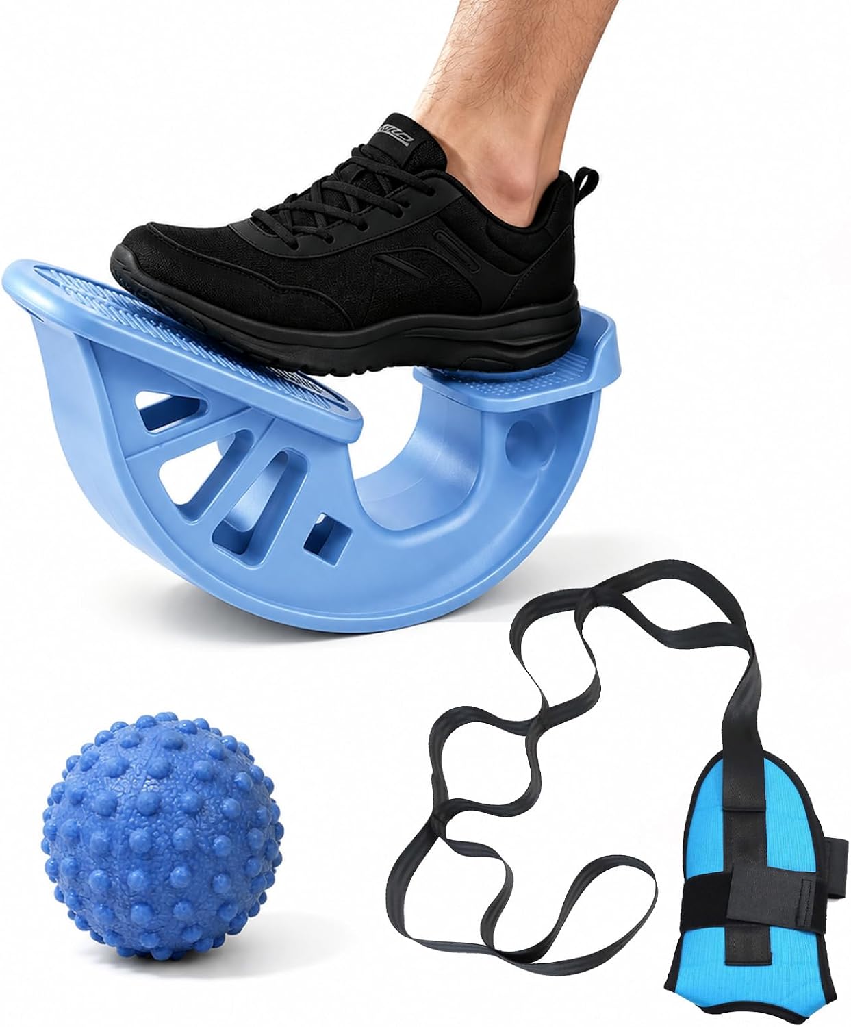 3-in-1 Calf Stretcher & Foot Rocker Kit, Portable Physical Therapy Tool with Leg Stretch Strap & Foot Massage Ball, Relief for Plantar Fasciitis, Achilles Tendonitis, Heel Pain, Yoga, Running