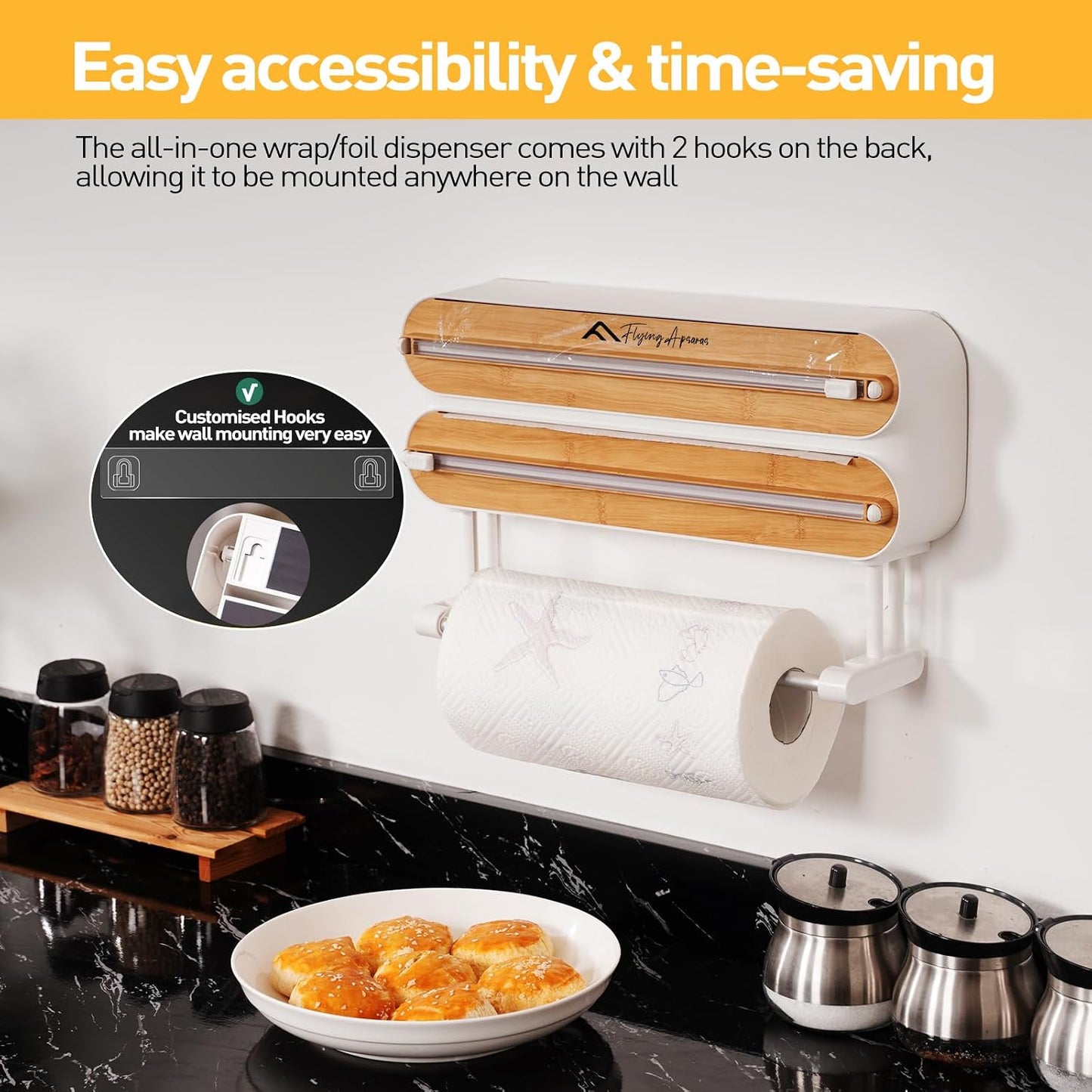 APSARAS USA 5 in 1 Bamboo Foil and Plastic Wrap Organizer for Kitchen Drawer, Ziplock Bag Organizer, Saran Wrap Dispenser with Cutter, Plastic Bag Organizer, Food Storage Bag Organization