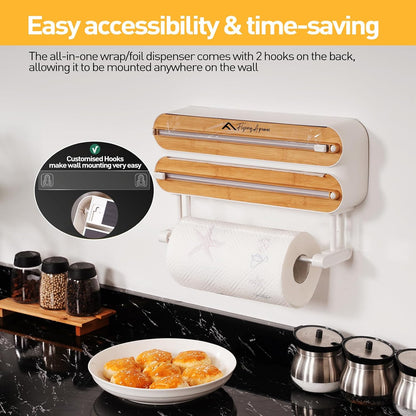 APSARAS USA 5 in 1 Bamboo Foil and Plastic Wrap Organizer for Kitchen Drawer, Ziplock Bag Organizer, Saran Wrap Dispenser with Cutter, Plastic Bag Organizer, Food Storage Bag Organization