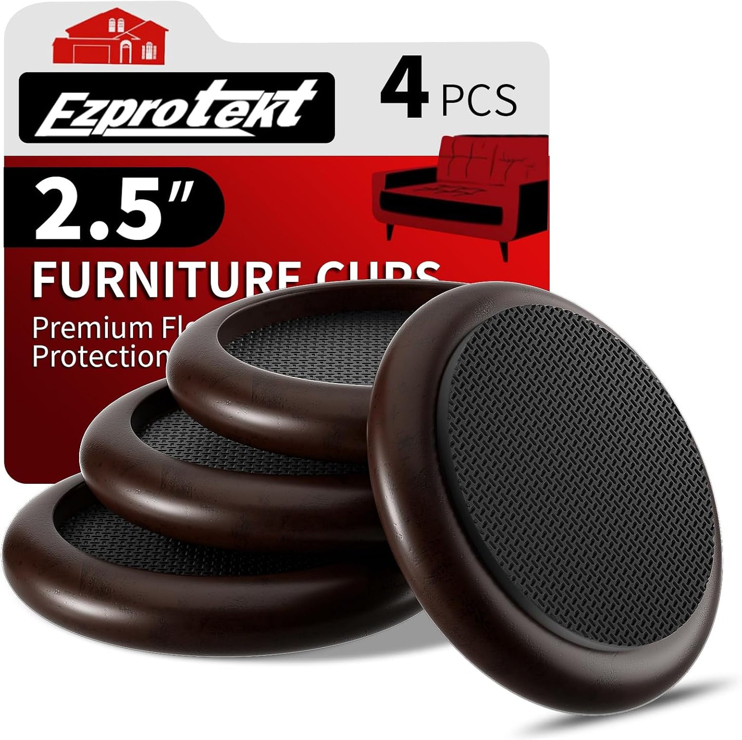 Ezprotekt 2 inch Non Slip Wood Furniture Pads for Hardwood Floors, 4 Pcs Round Anti Slip Furniture Coaster Cups Floor Protectors with Anti-Slide EVA for Chair Sofa Table Bed Couch (Dark Brown)