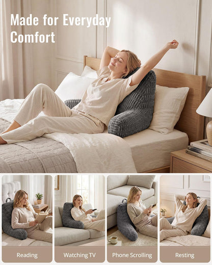 Blissful Diary Reading Pillow, Backrest Pillow with Shredded Memory Foam for Adult & Children, Designed for Bed and Couch Sitting Up, Includes Arms, Pockets and Washable Cover, Off White