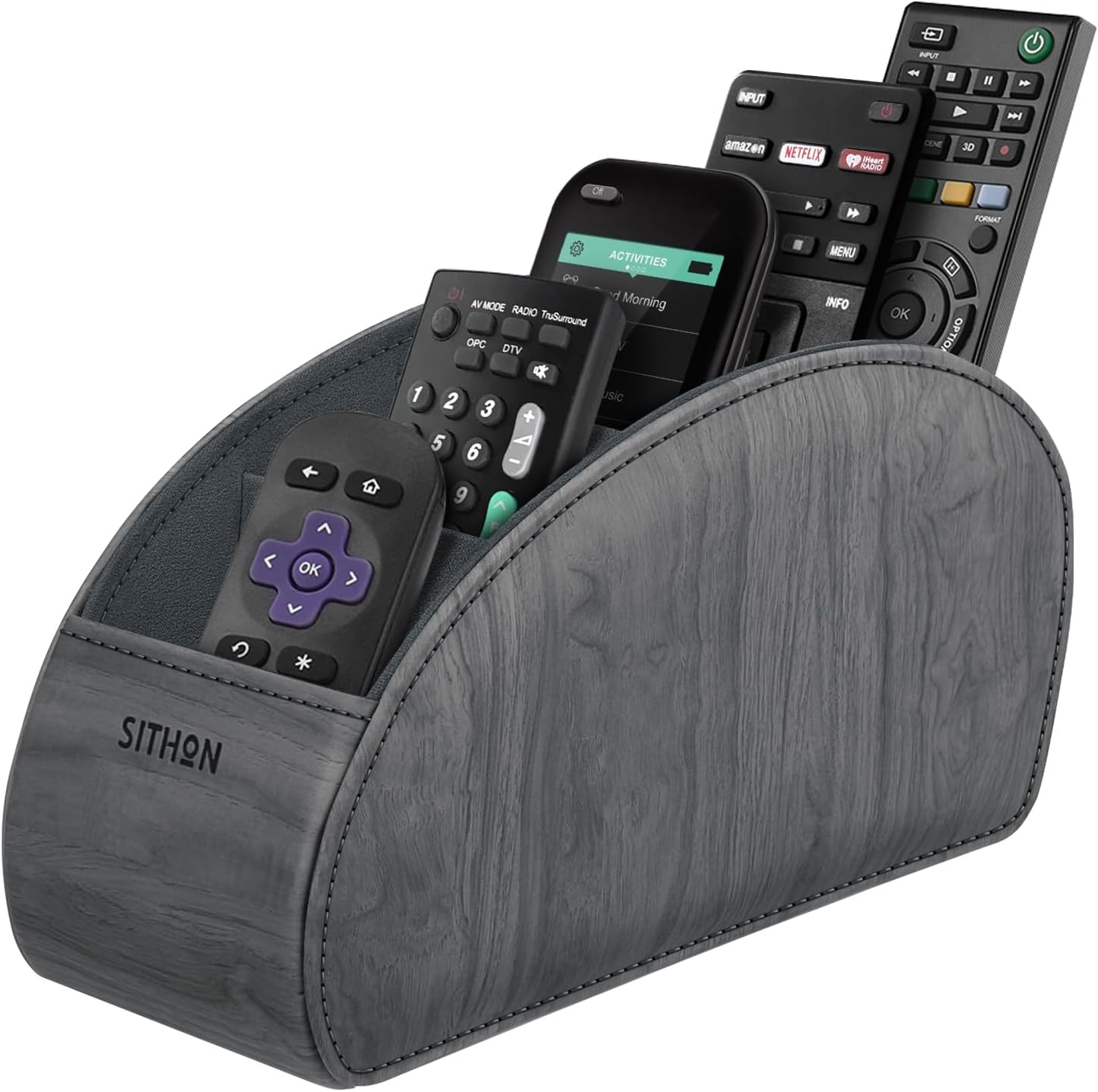 SITHON Remote Control Holder with 5 Compartments | PU Leather Remote Caddy Desktop Organizer Store TV, DVD, Blu-Ray, Media Player, Heater Controllers, Stripe Black