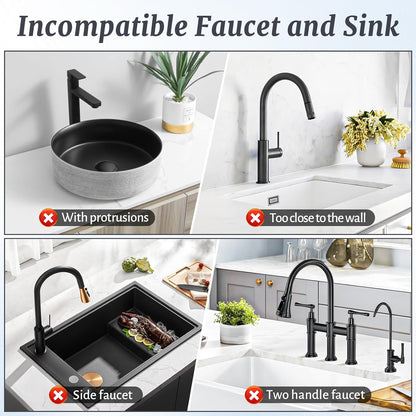 PoYang 24 Inch Faucet Mat for Kitchen Sink Splash Guard, Silicone, Black | Sink Protectors with 7° Slope for Smooth Drainage, Snap Button Holds It in Place, 90° Foldable & Cuttable Hole Fit Most Sinks