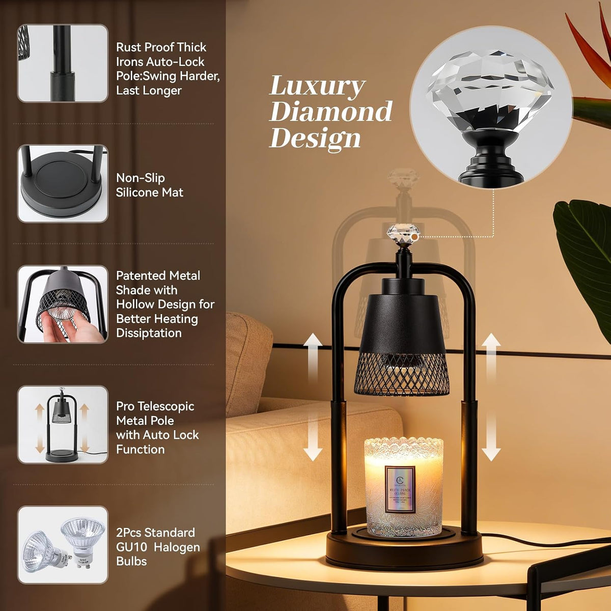Table Lamp Candle Warmer Flameless 2.5- 6.5in Height Adjustable Timer Dimmer Wax Melt Warmer Lamp for Large 3 Wicks Jar Candles Modern Bedside Lamp for Mothers Day House Warming Home Decor Living Room