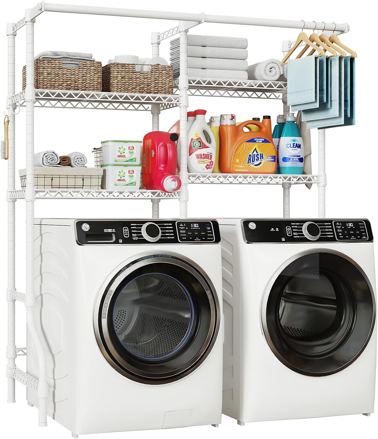 U14 Over Washer and Dryer Storage Shelves, 4 Tiers Laundry Room Storage and Organizer System, Space Saving Clothes Drying Rack with 2 Clothes Hanger Rods, 66.5" W x 20.5" D x 77.4" H, Black