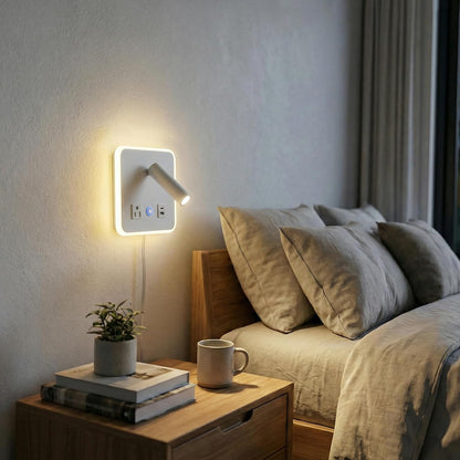 LED Headboard Reading Lamp, Dimmable Wall Sconce with USB-A/USB-C, White | Separate reading and ambient backlight controls, memory dimmer, adjustable angles, plug-in/hardwired, bedroom, bedside, hotel