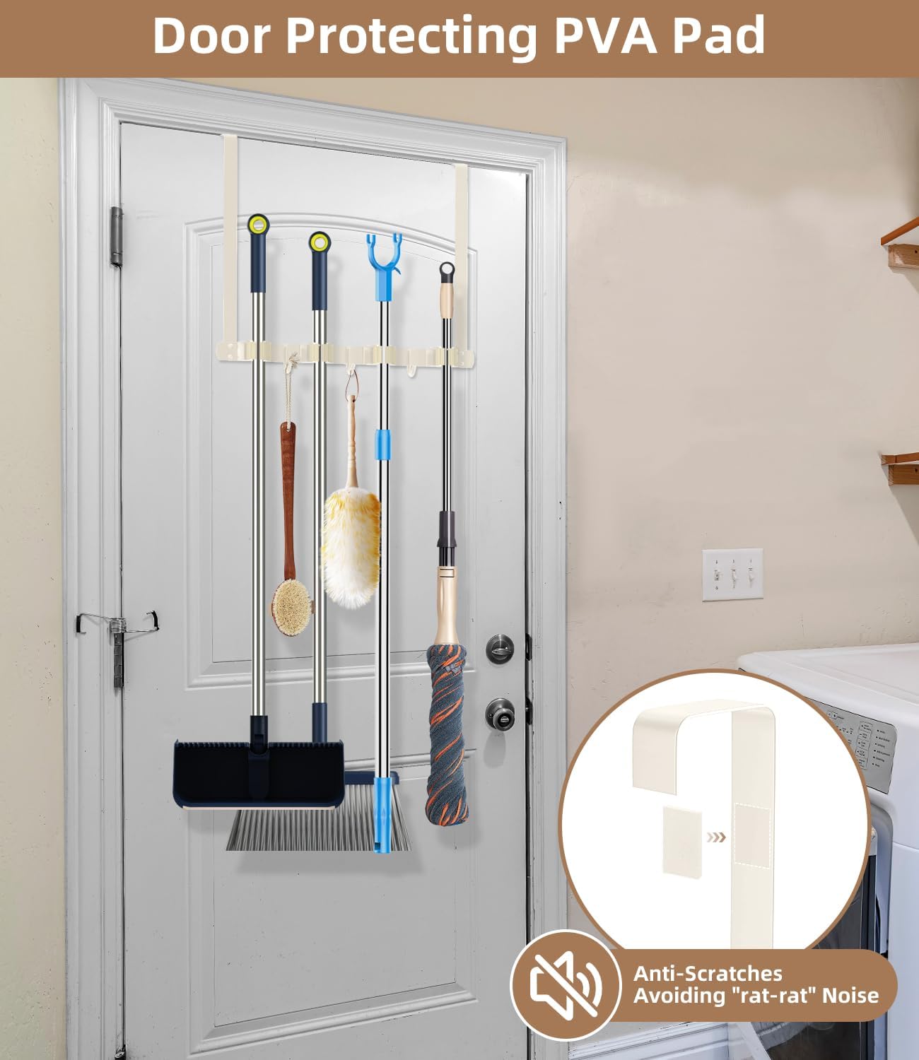 Broom Holder Over The Door with Hooks -304 Stainless Steel (Black) | Save Space, Anti-Rust & Sturdy, Mop and Broom Holder Wall Mounted or Hanging Over The Door, for Garage Laundry Kitchen