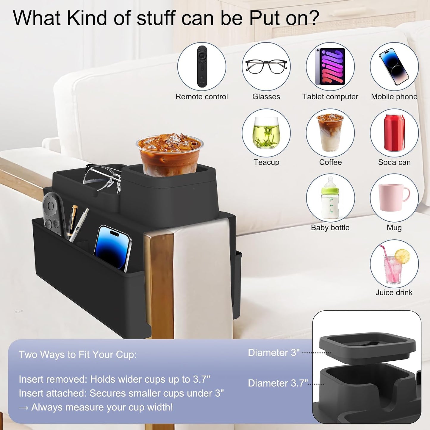 Couch Cup Holder Tray - Silicone Sofa Armrest Organizer Slate Gray | couch caddy with side pockets for drinks, phone, remote; sofa arm chair table arm chair caddy for recliner armrest organizer