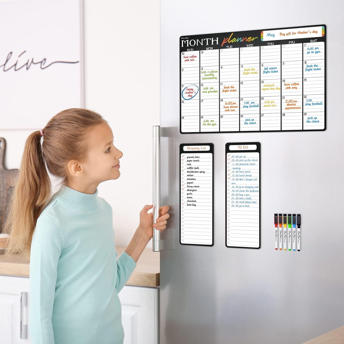 Magnetic Dry Erase Monthly Calendar Set - 15.5"x13" Monthly and 8.5"x13" Weekly Calendar for Fridge - 6 Extra Fine Point Markers Included - Shipped Flat