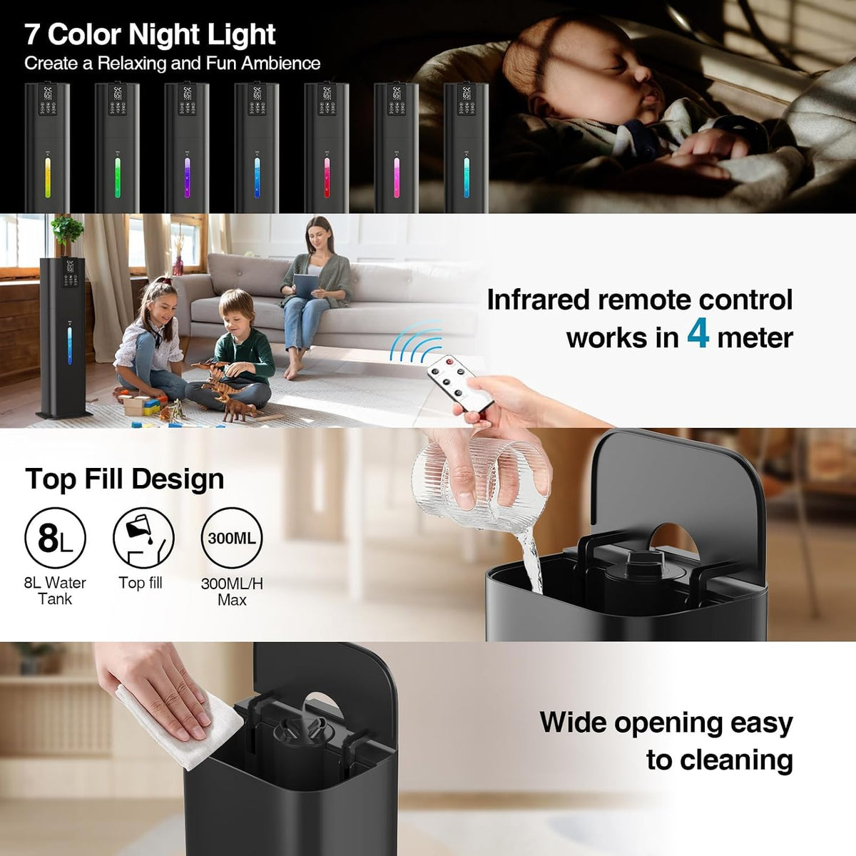 Smart Humidifiers Large Room Bedroom Home,2.11Gal(8L) Quiet Top Fill Cool Mist Humidifier,Smart App & Remote Control, 3 Speed Humidifier with 360°Nozzle,Humidity Setting for Baby Office Plant(White)