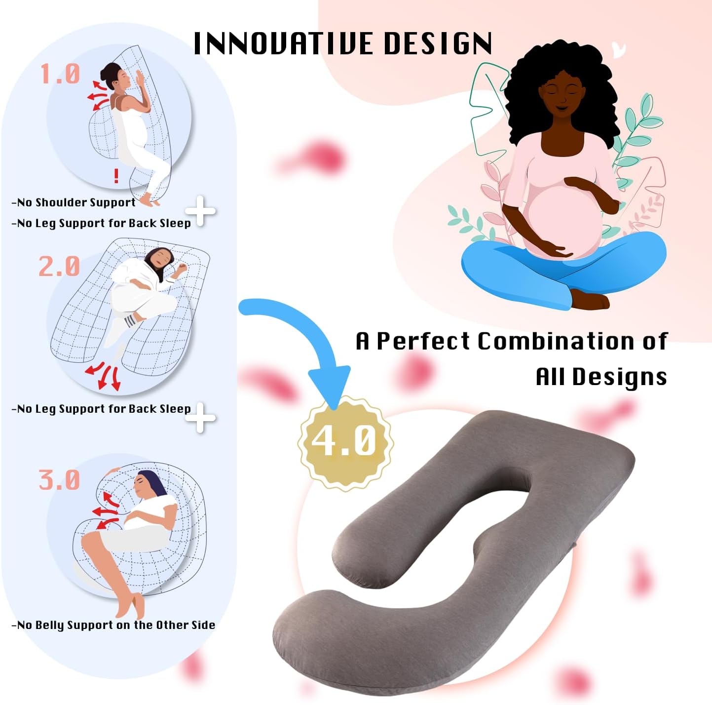 ALLOPERA Pregnancy Pillows for Sleeping, 57-Inch U-Shaped Full Body Maternity Pillow with Adjustable Fill and Removable Washable Cover, Back, Belly, Hip and Leg Support for Pregnant Women, Black Grey