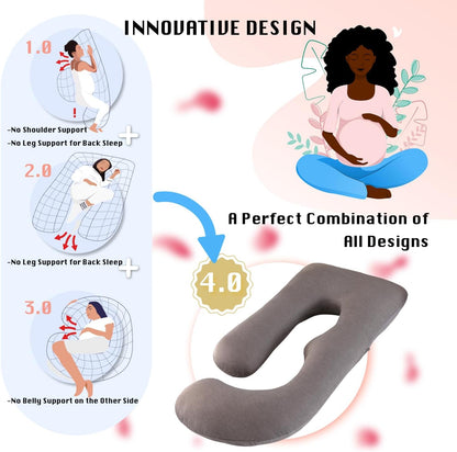 ALLOPERA Pregnancy Pillows for Sleeping, 57-Inch U-Shaped Full Body Maternity Pillow with Adjustable Fill and Removable Washable Cover, Back, Belly, Hip and Leg Support for Pregnant Women, Black Grey