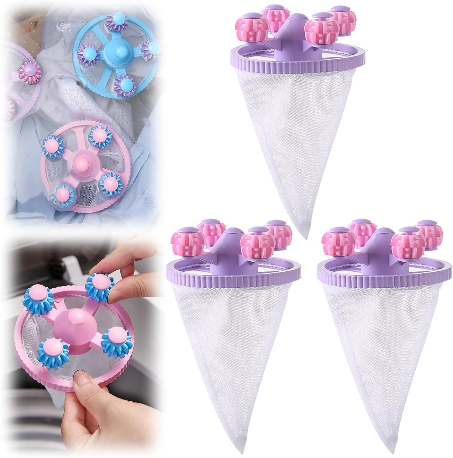 3PCS Washing Machine Hair & Lint Catcher Floating Mesh Bag Reusable | Reusable Floating Laundry Hair Catcher With Double Frame Cone Mesh Design Collects Lint Pet Hair For Cleaner Washing