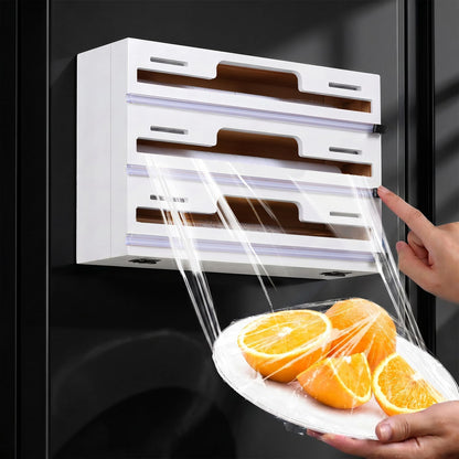 Allinside Magnetic Plastic Wrap Dispenser with Cutter, 3 in 1 Refrigerator Bamboo Wood Organizer for Tin Foil, Baking, Wax Paper Holder Kitchen Storage Box Compatible with 12.9" Roll, Black (3 Layer)