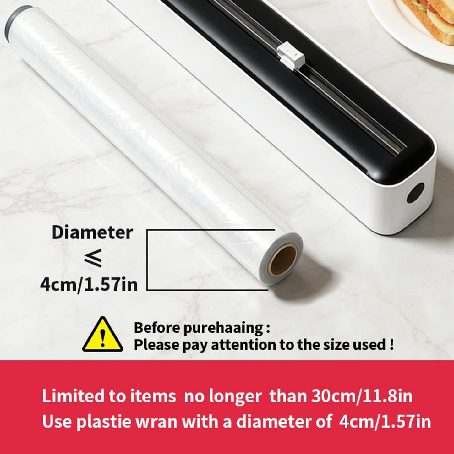 Plastic Wrap Dispenser with Slide Cutter, Cling Film Dispenser with Safe Hidden Blade, Easy Refill Food Wrap Holder Fits 12 Inch Standard Rolls, Countertop Kitchen Wrap Organizer