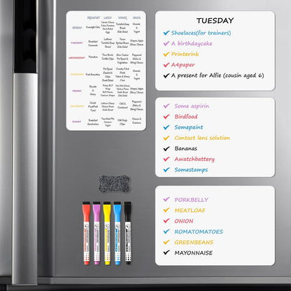 Magnetic Whiteboard for Fridge, 4-Pack Dry Erase Boards (12×8 in) with 5 Markers & Eraser, Strong Magnet & Stain-Resistant Surface, Reusable Message Board for Fridge, Family Planner & Kitchen Notes