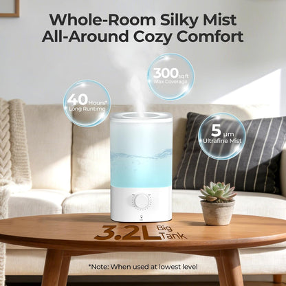 Cool Mist Humidifiers for Bedroom,3.2L Humidifiers for Baby Nursery＆Plants,7-Color Light,Oil Diffuser,Top Fill,360°Nozzle,Timer,24DB Quiet,BPA Free,Tap to Operate,White