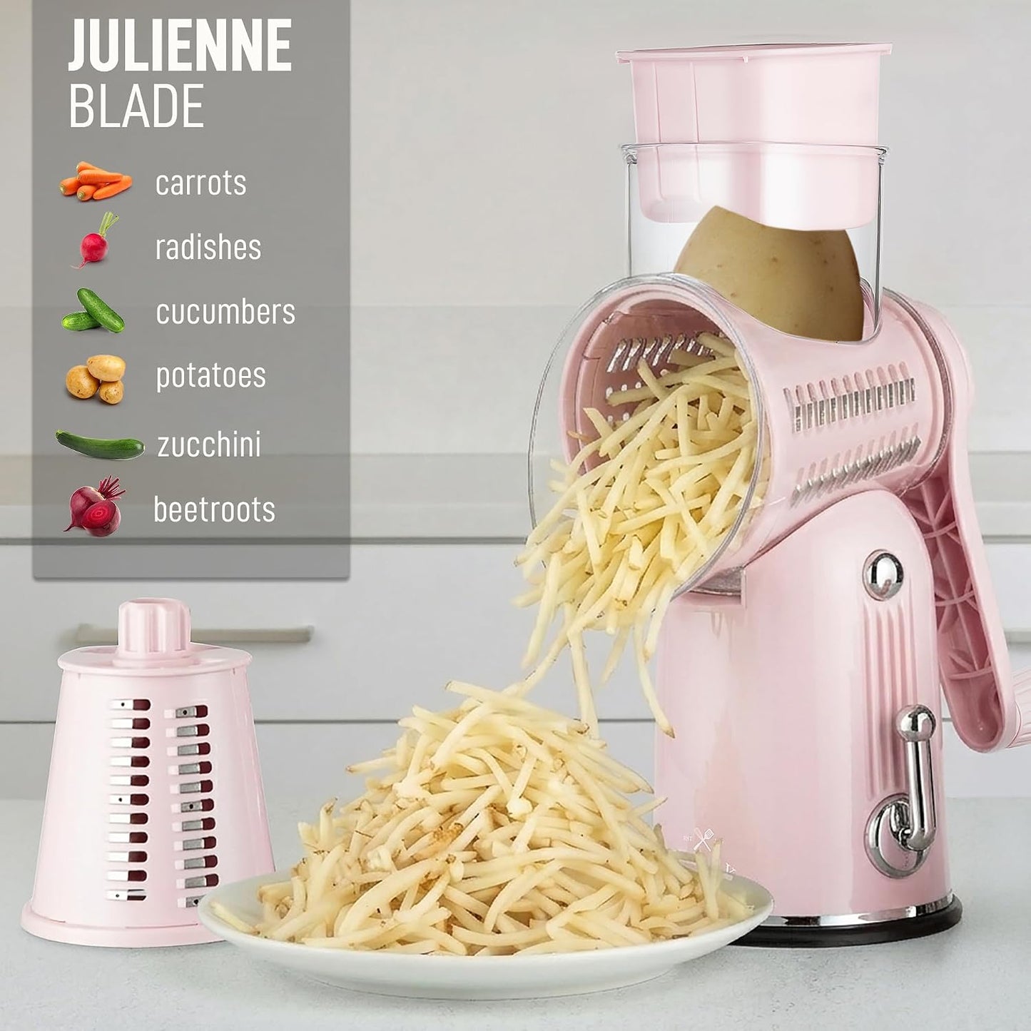 Zulay Kitchen Rotary Cheese Grater 5 Blade Cheese Shredder - Manual Hand Crank Cheese Grater With Reinforced Suction & 5 Interchangeable Drums - Easy to Use, Vegetable Chopper Round Mandoline Slicer - Colors A
