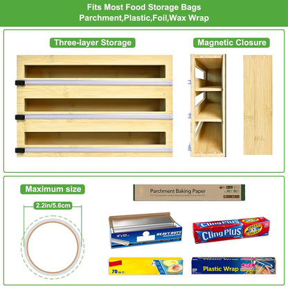 MSJGA Magnetic Plastic Wrap Dispenser with Cutter for Drawer&Refrigerator | 3 in 1 Fridge Bamboo Organizer for Tin Foil, Baking Paper, Wax Paper Holder Kitchen Storage Box Compatible,13" x 8.2" x 2.7"