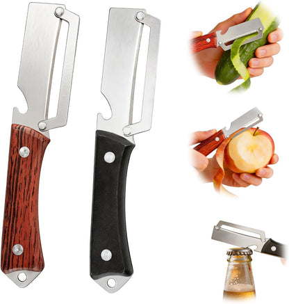 Julienne Peeler Vegetable Peeler for Veggie Potato Carrot(2 Pack) | Multifunctional Cabbage Shredder | 3 in 1 Peeler and Julienne Shredder Tool | Wooden Handle | Bottle Opener