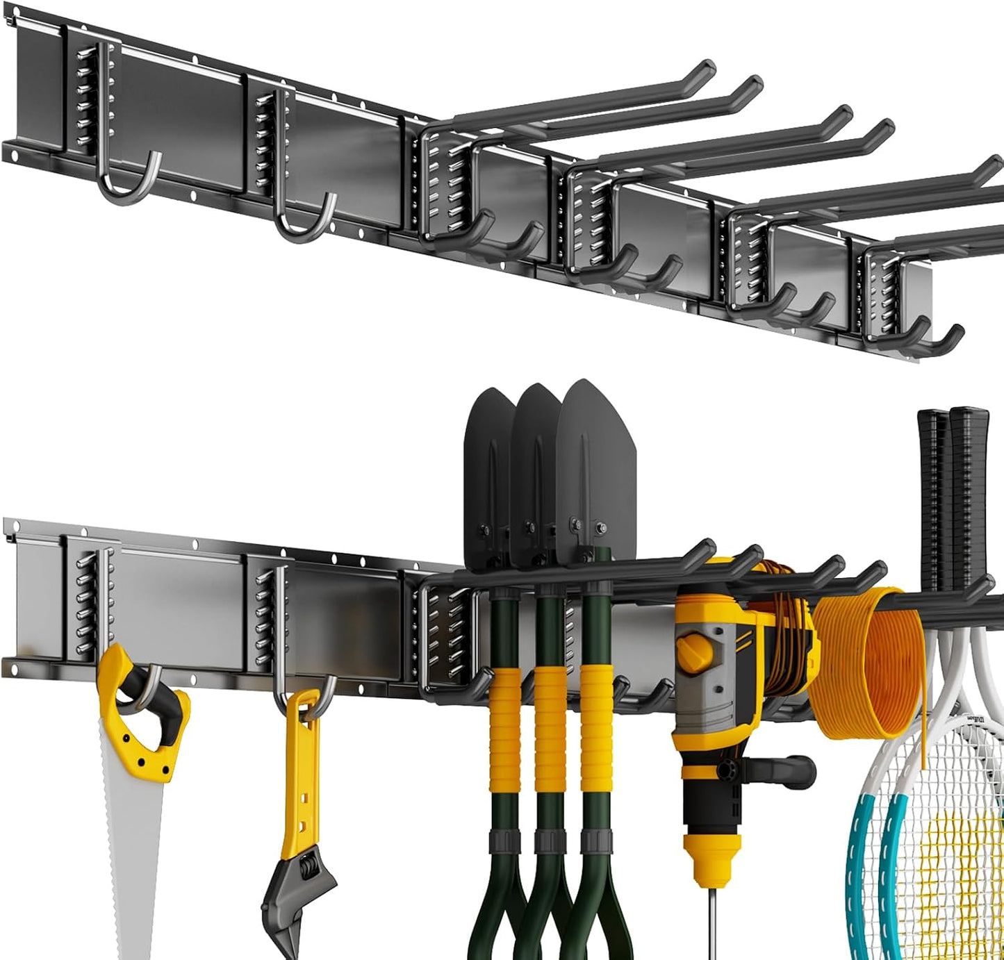 Garage Tool Organizer Wall Mount, 48 Inch Heavy Duty Garden Tool Organizer Storage System, Easy Install with 6 Adjustable Straight Hooks, for Garage, Basement, Shed, Workshop, Black, Steel