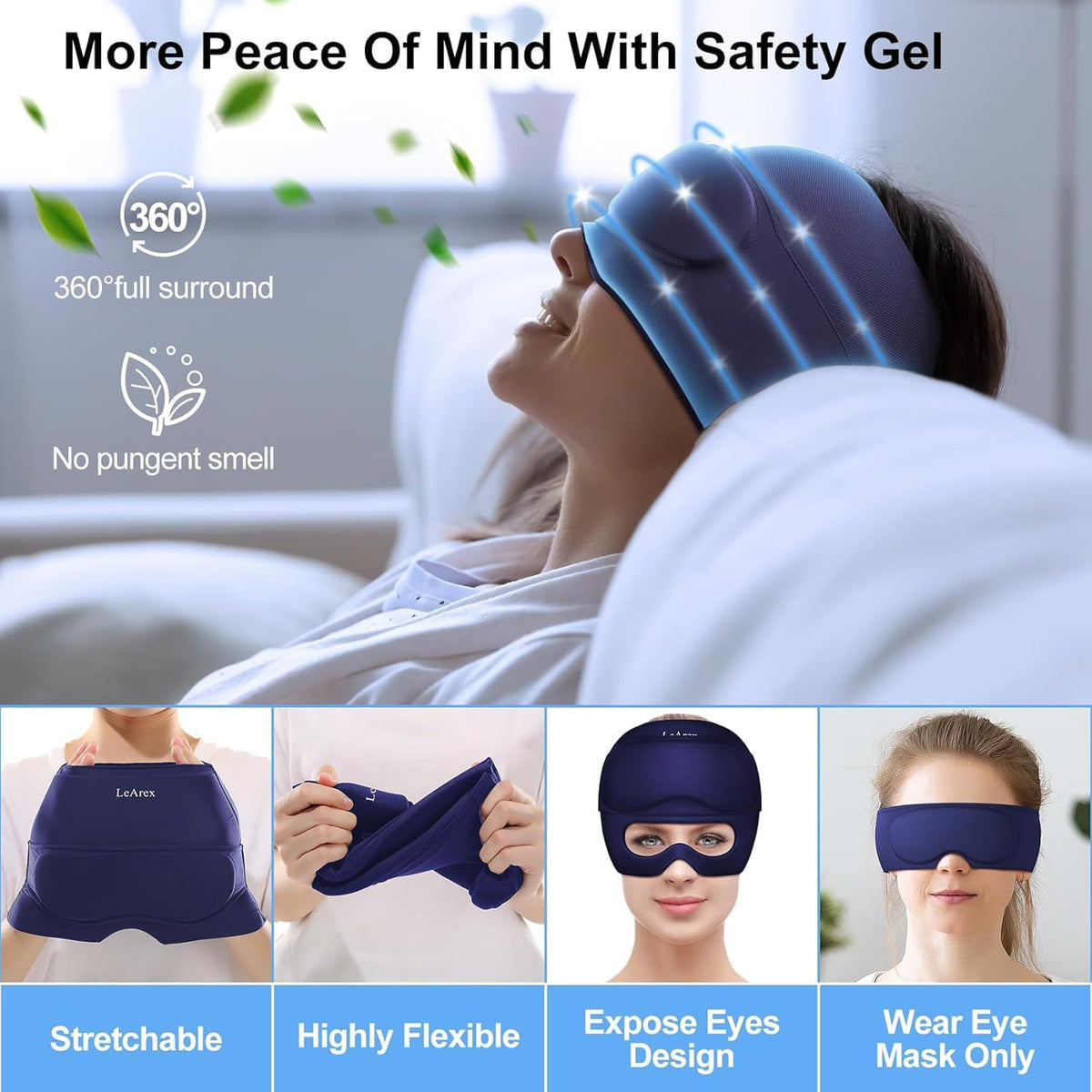 2 in 1 Migraine Relief Cap with Gel Eye Mask, Headache Relief Cap Ice Head Wrap Hot and Cold Therapy Hat Gift for Women for Headache Puffy Eyes Sinus and Tension Stress Relief (Light Purple)