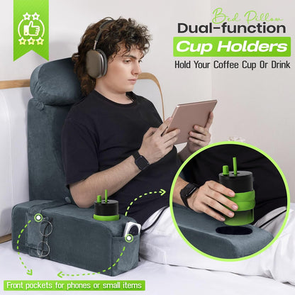 21 INCH Reading Pillow for Adults, Back Pillow for Bed Sitting Up, Backrest Pillow for Sitting in Bed, Detachable Arms with Built-in Cup & Phone Caddy (Gray, 21 INCH)