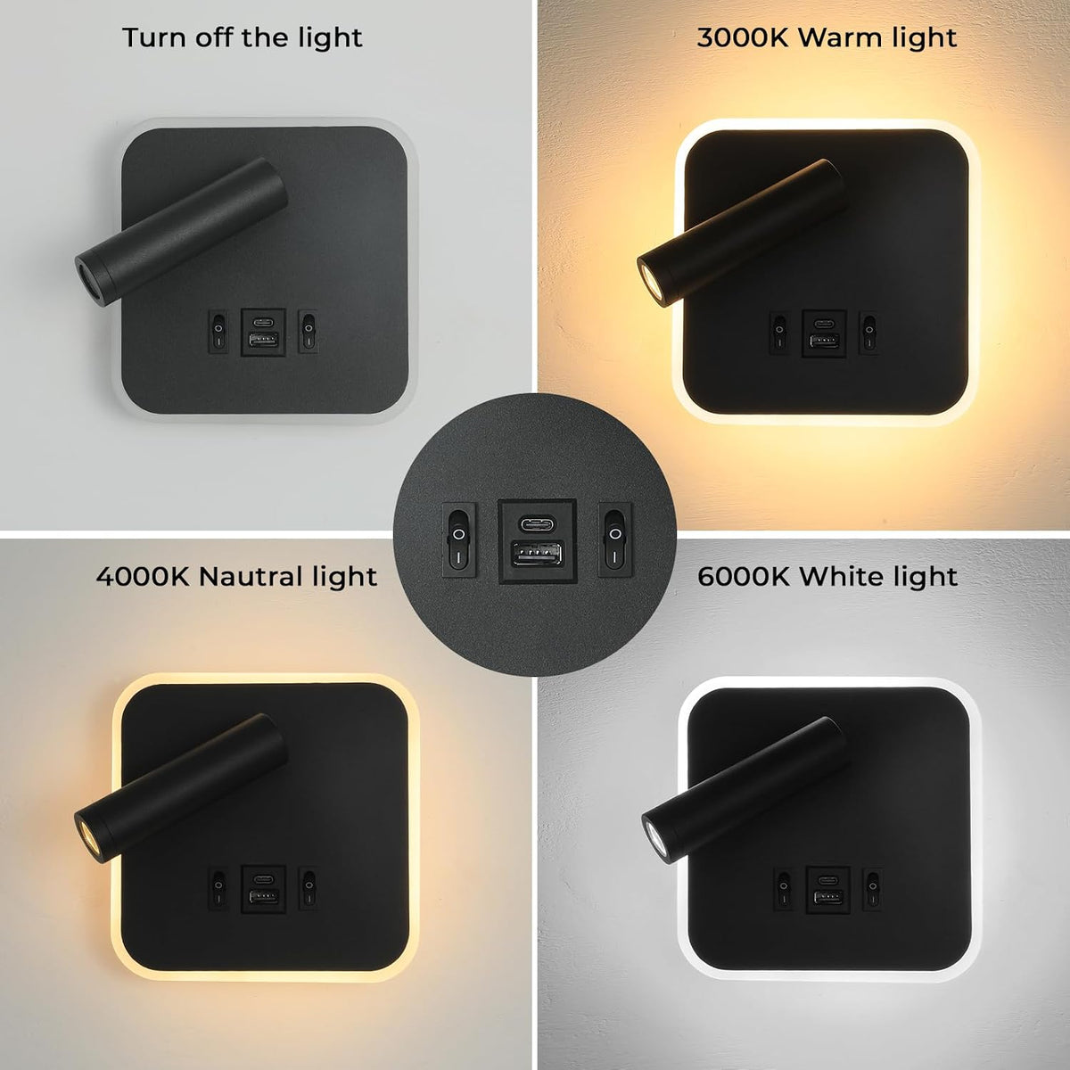 Wall Sconce Plug in with Wall Mounted Reading Lights,Modern Wall Lamp for Bedroom with Charging Station USB C+A Ports,Headboard Bedside Lamps with 3W+9W Night Light,3 Color Temperature