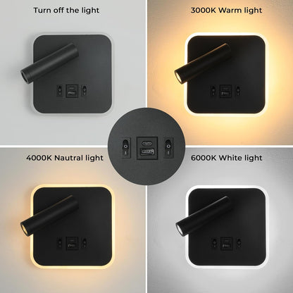 Wall Sconce Plug in with Wall Mounted Reading Lights,Modern Wall Lamp for Bedroom with Charging Station USB C+A Ports,Headboard Bedside Lamps with 3W+9W Night Light,3 Color Temperature